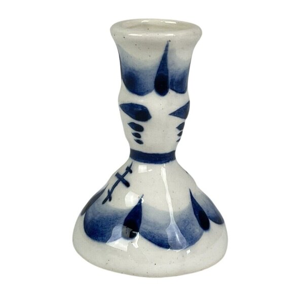 Hand-Painted Blue & White Ceramic Miniature Candleholder Signed K - Picture 3 of 9